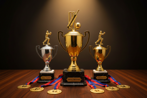 A collection of premium cricket trophies and gold medals used for school level cricket recognition and awards.