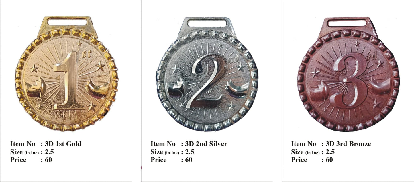 Gold; silver; and bronze medals for recognition and awards.