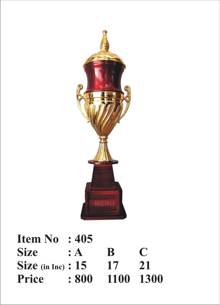 Gold and red award trophy on a maroon base.