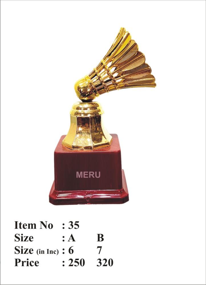 Gold badminton trophy with shuttlecock detail.