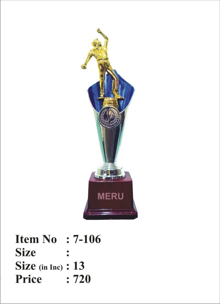Gold cricket figurine atop a blue and silver trophy cup - a beautiful fiber trophy award.