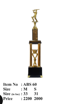 Gold and black cricket trophy with batsman figurine and sports day details.