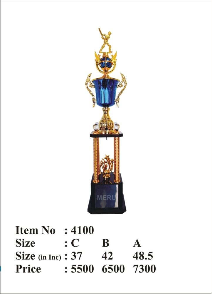 Blue and gold metal cricket trophy award