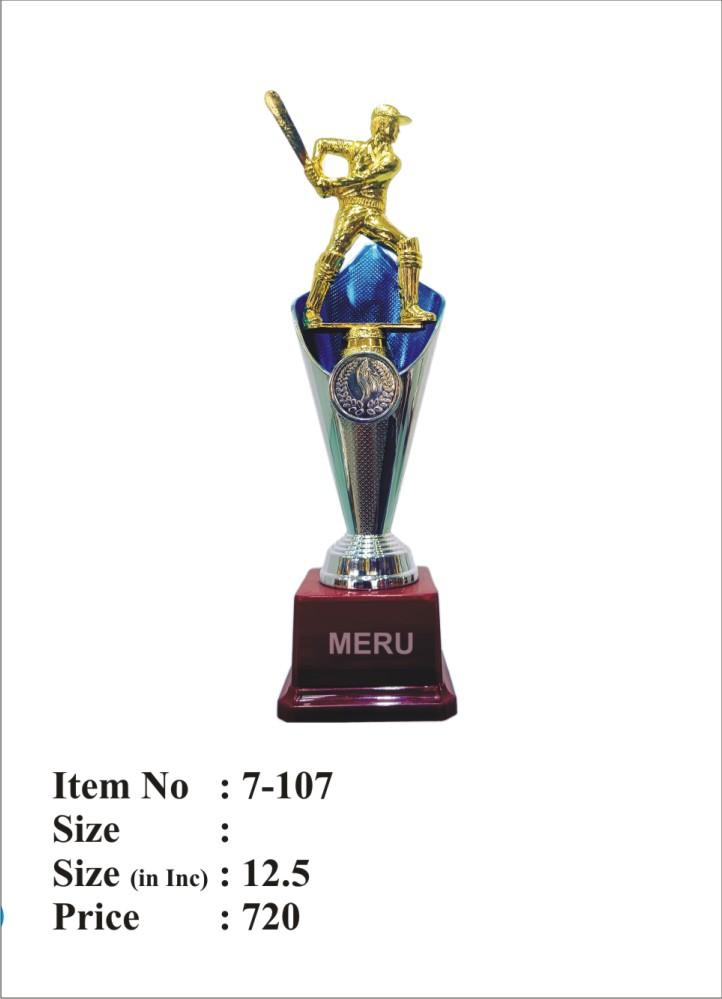 Gold batsman cricket trophy on a blue and silver cup; perfect for sports awards.