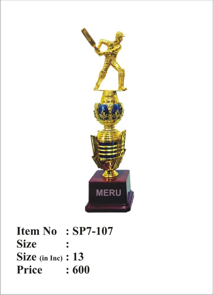 Gold and blue cricket trophy featuring a batsman figurine; a perfect fiber trophy for awards.
