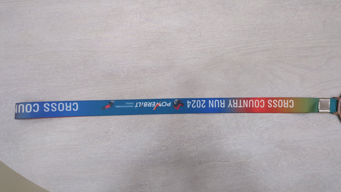 Custom cross country run medal with rainbow lanyard. Perfect award for recognizing achievement in 2024 sports events.