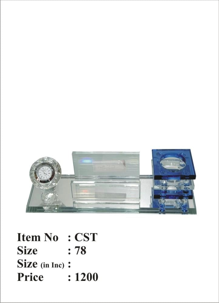 Crystal trophy desk set with clock and pen stand