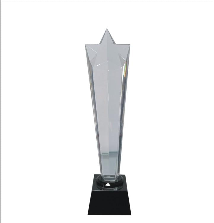 Clear crystal trophy with a star design; perfect for awards ceremonies.