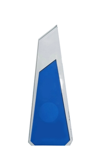 Blue crystal trophy showcasing achievement and recognition.