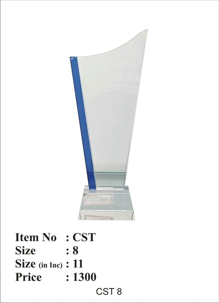 Elegant crystal corporate trophy with blue accent.