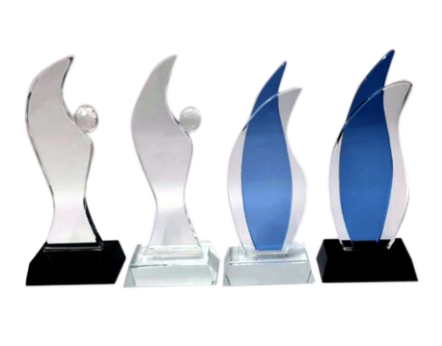 Close-up of a crystal trophy with a flame design