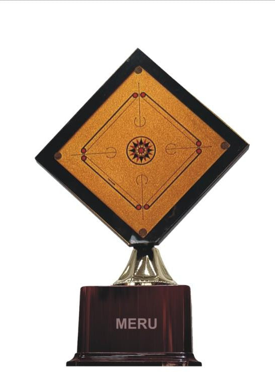Detailed view of a custom fiber trophy featuring a carrom board design.
