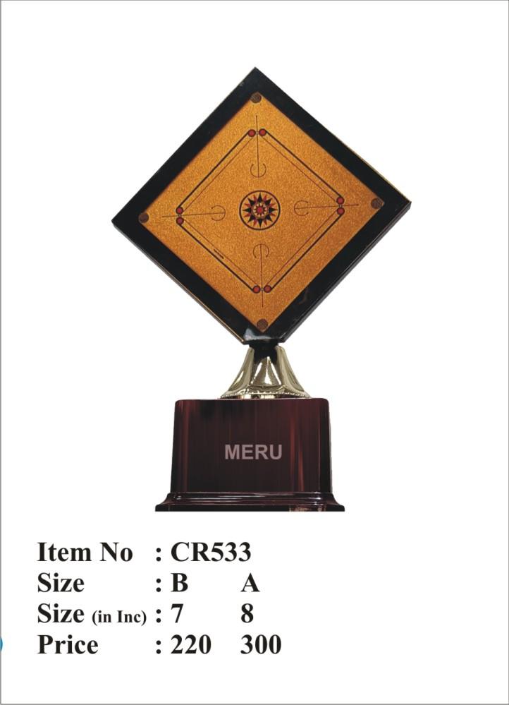 Detailed view of a custom fiber trophy featuring a carrom board design.