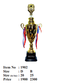 Gold trophy with ribbons on a white background, featuring item number 1902.
Gold cup trophy with red; white; and blue ribbons.
