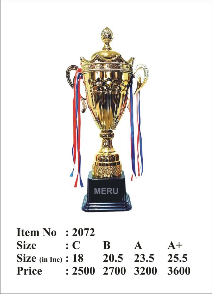 Gold metal award trophy with red; white; and blue ribbons.