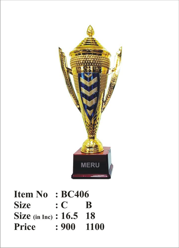 Gold metal trophy with blue and gold details on a burgundy base. Ideal for awards and recognition.