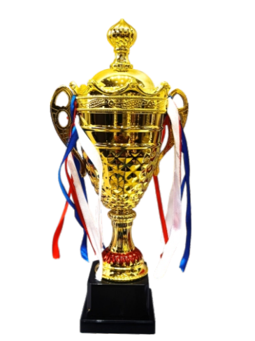 Gold metal trophy with red; white; and blue ribbons