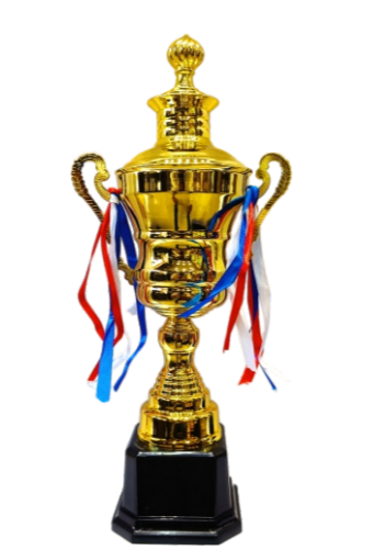 Gold metal trophy cup with red; white; and blue ribbons