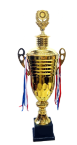 Gold metal trophy cup with ribbons on a black base. A perfect award trophy for recognizing achievement and excellence.