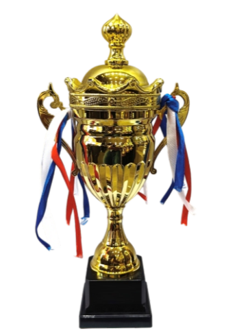 Gold metal trophy with red; white; and blue ribbons