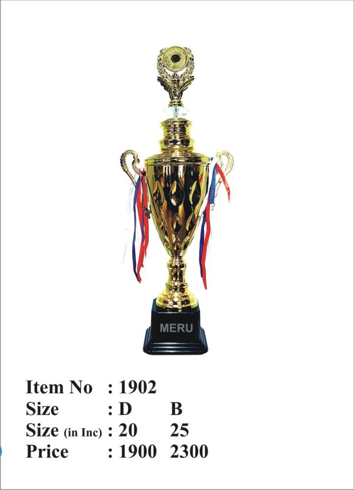 Gold trophy cup with red; white; and blue ribbons on a black base. Perfect for awards and recognition.