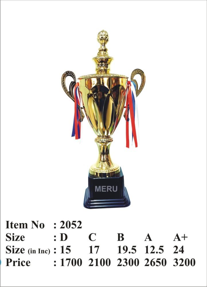 Gold trophy cup with red; white; and blue ribbons