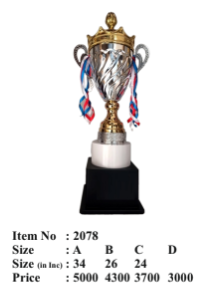 Gold and silver metal trophy with ribbons on marble base.