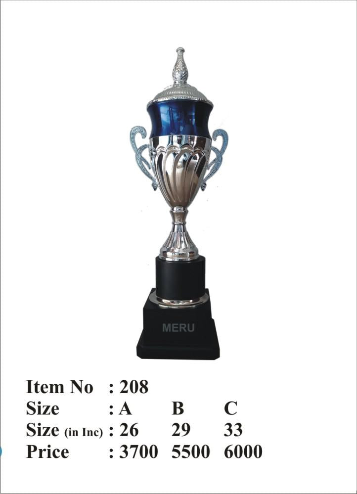 Elegant metal trophy with silver and blue accents