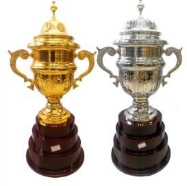 Gold and silver metal award trophy with an ornate design and tiered base. Perfect for recognizing achievements in sports; academics; or corporate settings. as877
