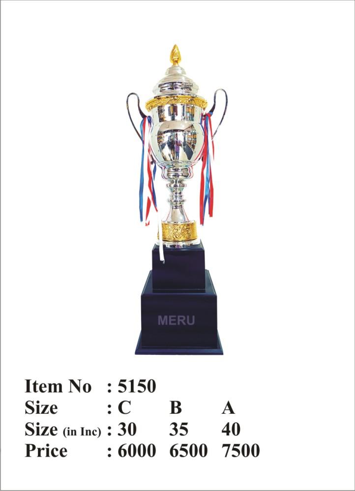 Silver and gold metal trophy award on a black base with ribbons. A perfect award for sports; corporate events; or academic achievements.