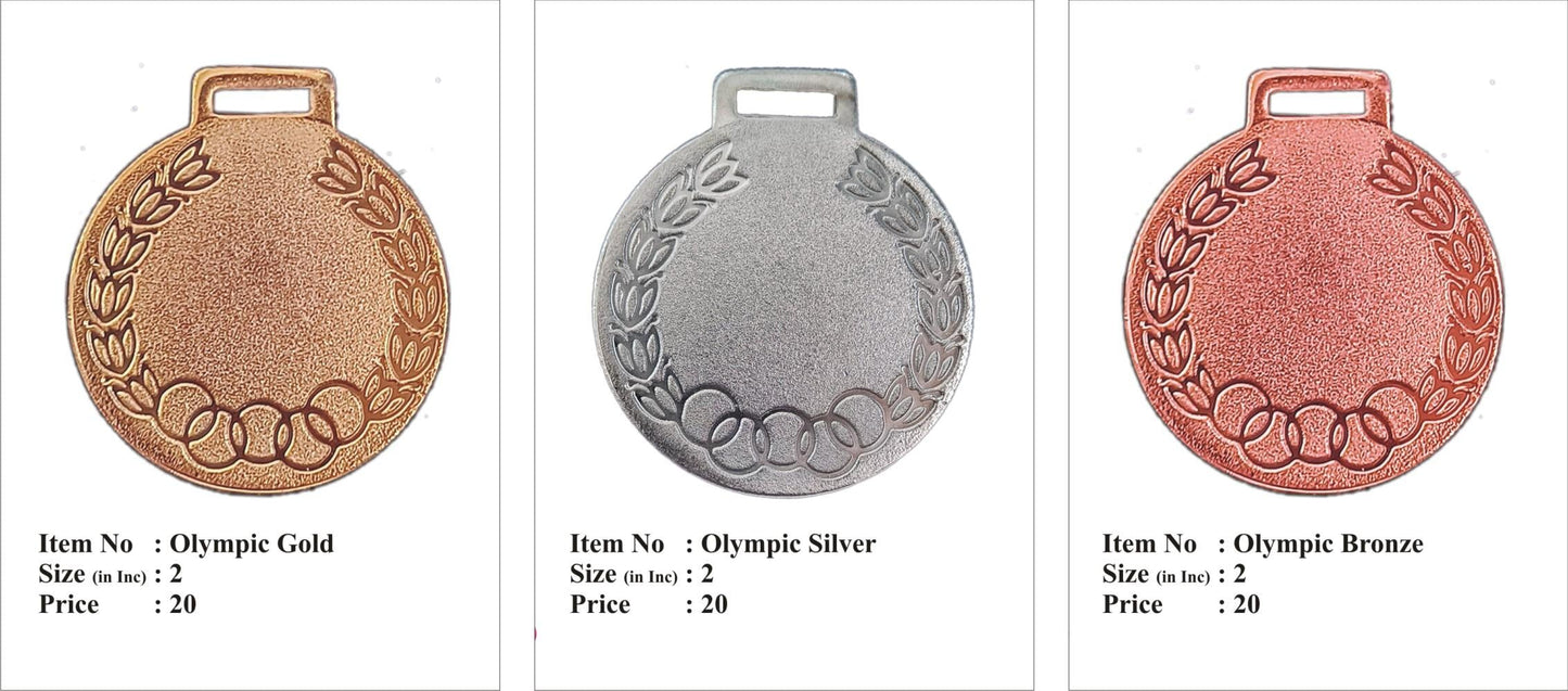 Gold; silver; and bronze Olympic-style medals for awards and recognition.