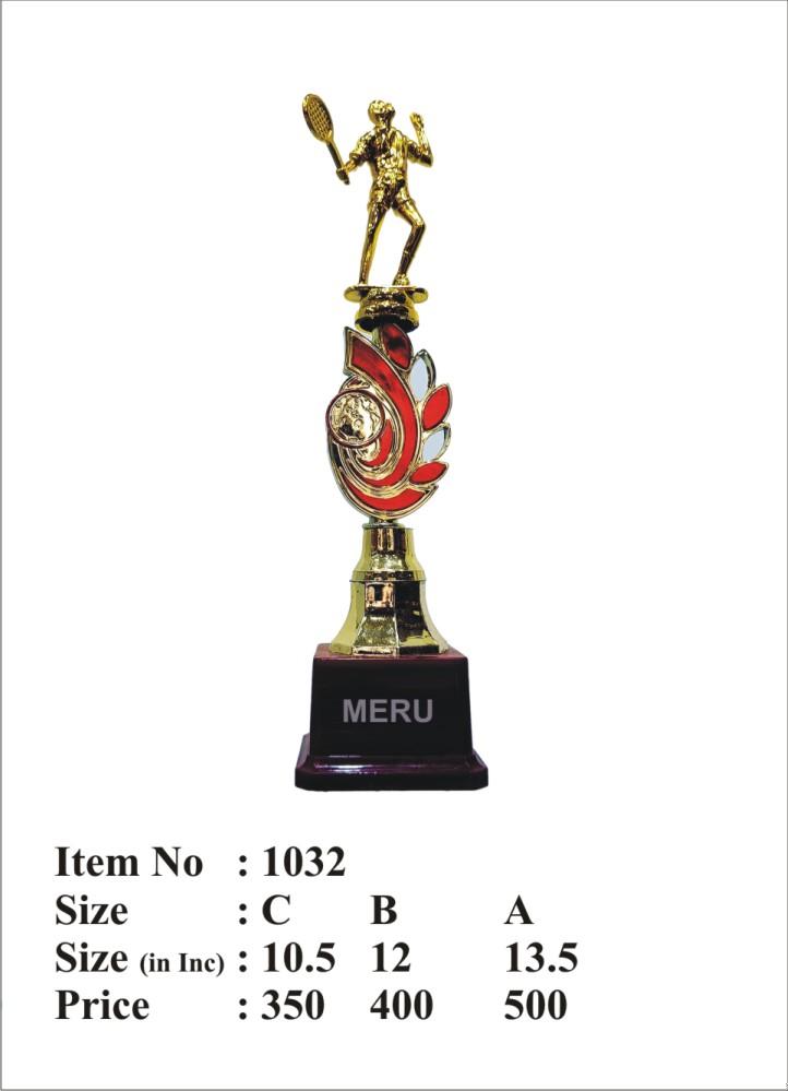 Gold and red tennis Fibre-Trophy with player figure and globe design; ideal for sports awards.