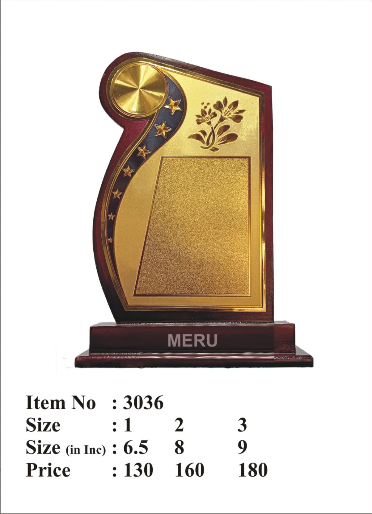 Gold and wooden award memento with floral design.