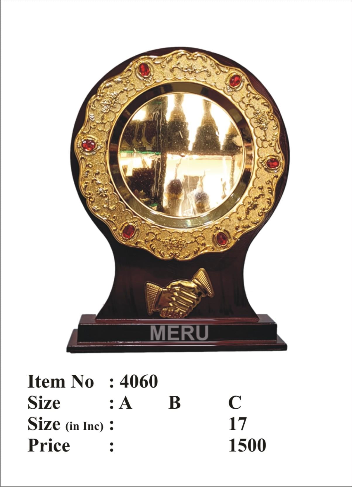 Wooden memento with gold plate and handshake emblem; ideal for appreciation awards.