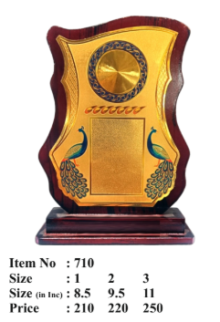 Elegant wooden memento trophy with a gold peacock design; perfect for awards and recognition.