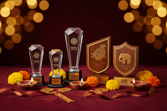 A collection of premium Diwali gifts for employees including crystal trophies and wooden mementos for corporate recognition.