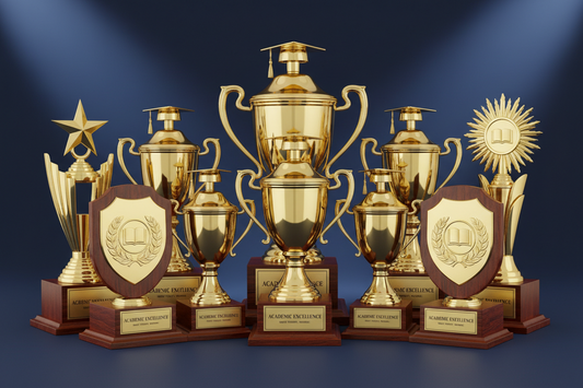 A collection of premium gold and wooden graduation trophies in Mumbai from Meru Trophy for academic excellence recognition.