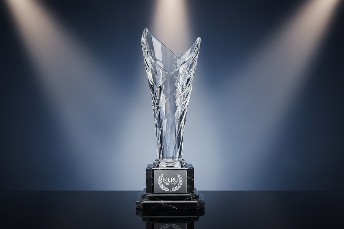 A gleaming crystal trophy with intricate detailing; symbolizing excellence and achievement in sports awards; showcasing the quality of Meru Trophy's crystal awards.