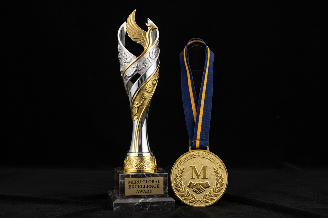 A luxurious metal sports trophy and gold medal of achievement representing excellence in competition and professional recognition.