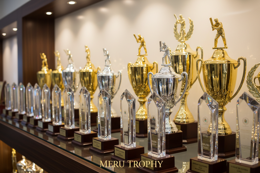 A selection of premium crystal trophies and cricket cup trophies for quick turnaround at a custom trophy shop near me.