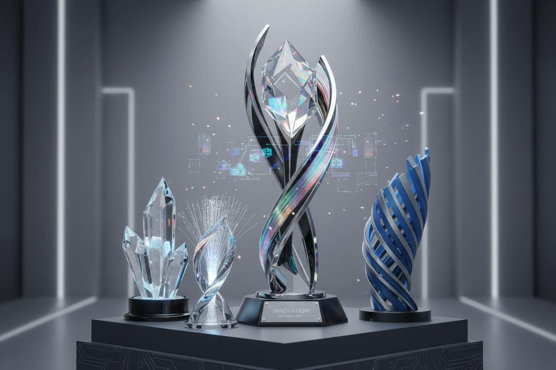 AI revolutionizing trophy design 2026 crystal acrylic fiber custom trophy innovation Meru Trophy India buy now