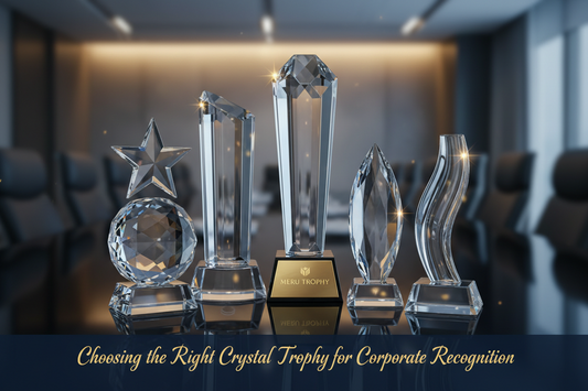 Elegant crystal trophy with engraved details, symbolizing corporate recognition and achievement. A perfect award from Meru Trophy for outstanding performance and dedication.