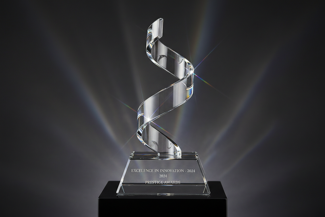 Close-up of a gleaming crystal trophy; symbolizing achievement and recognition; crafted by Meru Trophy for corporate and college awards.