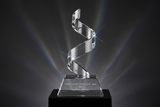 Close-up of a gleaming crystal trophy; symbolizing achievement and recognition; crafted by Meru Trophy for corporate and college awards.