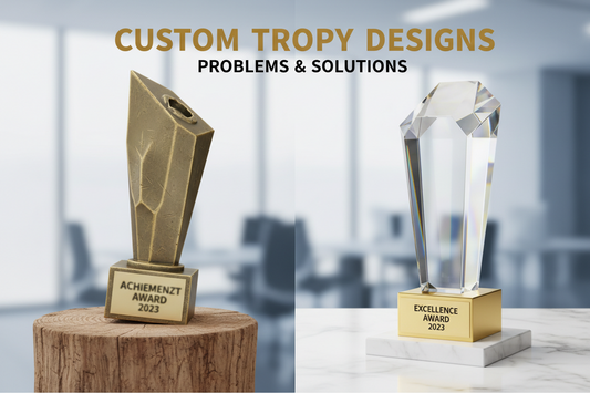 A premium custom crystal trophy design for corporate recognition awards featuring elegant glass and gold finish.