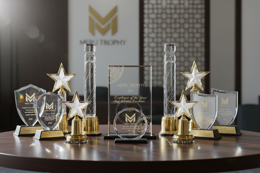 Custom crystal awards and trophies for corporate employee recognition in India provided by Meru Trophy for staff retention.