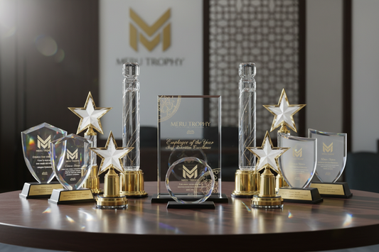 Custom crystal awards and trophies for corporate employee recognition in India provided by Meru Trophy for staff retention.