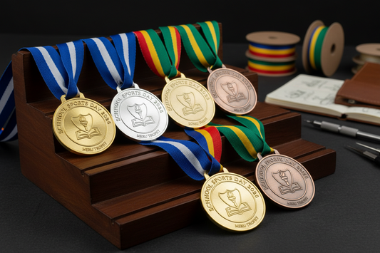 Custom medals for School Sports Day 2026 featuring school logo and event details; showcasing Meru Trophy's quality craftsmanship and personalized award options.