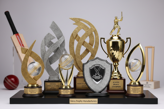 Durable fiber trophies and cricket trophies for school sports recognition awards by Meru Trophy manufacturers.