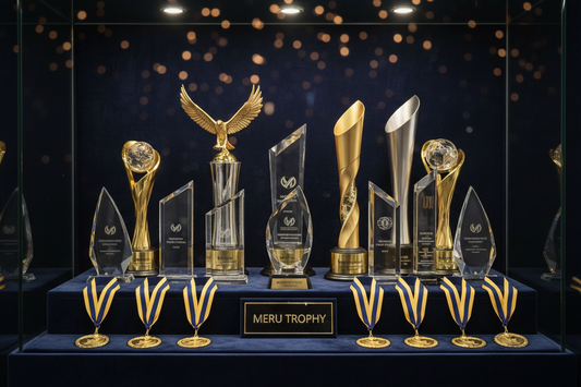 Premium crystal trophies and custom corporate awards for enhancing brand identity by Meru Trophy manufacturers.